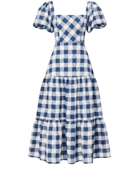 HUNTER BELL Dresses & Skirts - Hunter Bell Cassidy Gingham Short Puff Sleeve Square Neck Tiered Midi Dress